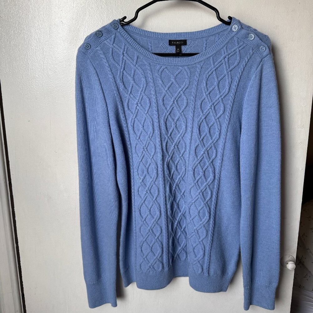 Talbots Blue Cable Knit Sweater Lambswool Blend Button Shoulder Women’s Medium